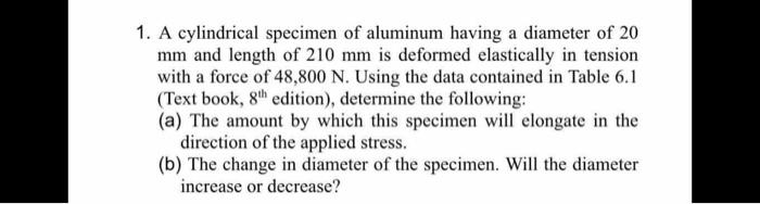 Solved 1. A cylindrical specimen of aluminum having a | Chegg.com