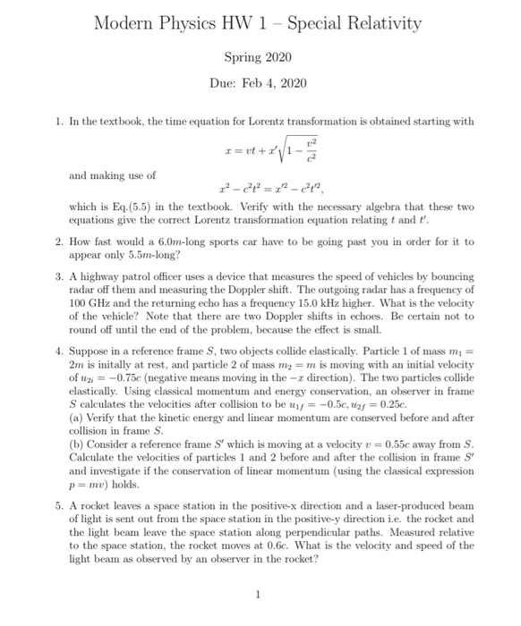 Solved Modern Physics HW 1 - Special Relativity Spring 2020 | Chegg.com