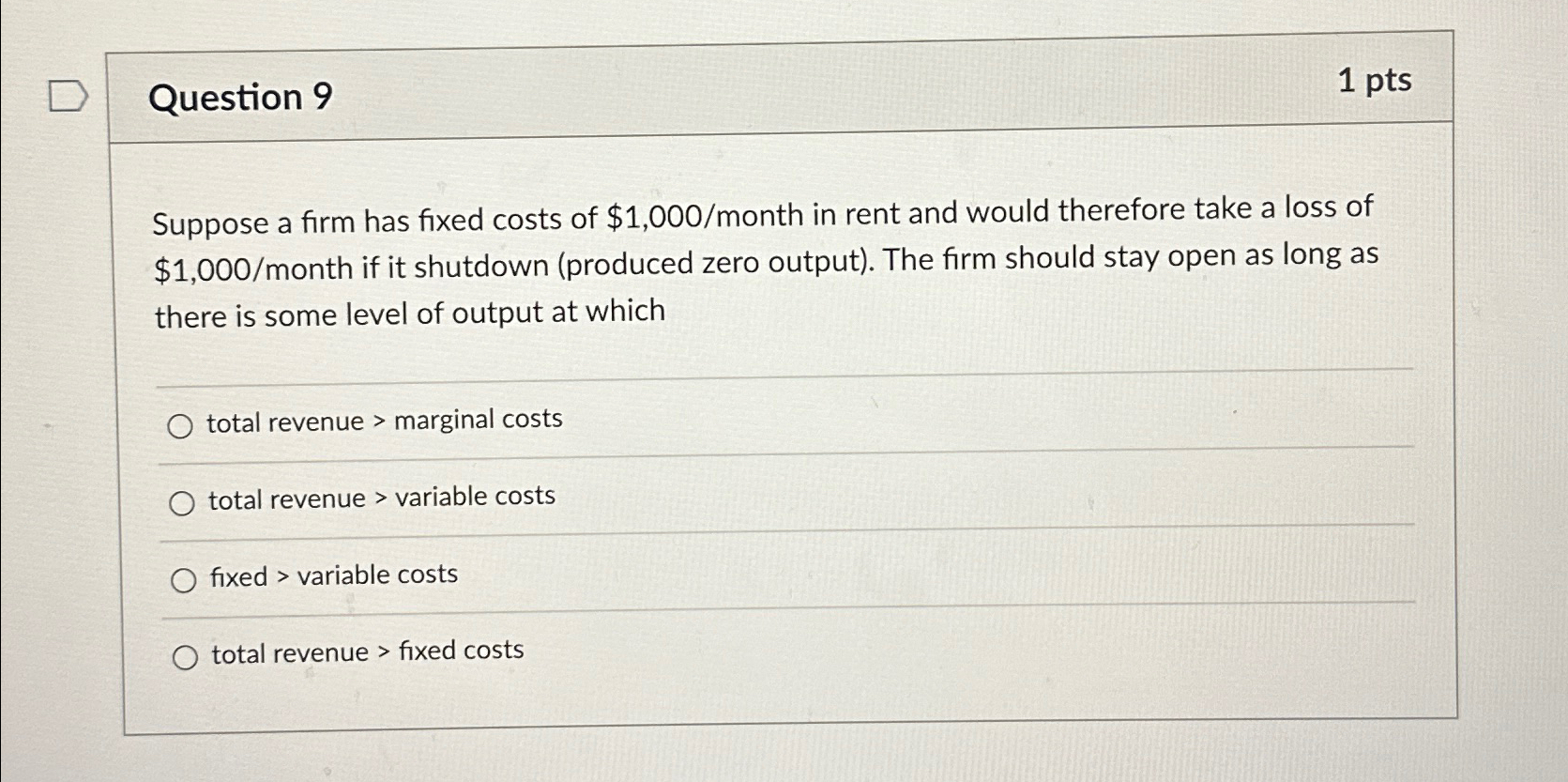 Solved Question 91ptsSuppose a firm has fixed costs of