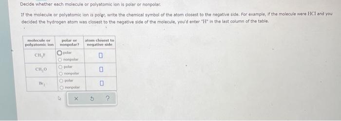 Solved Decide whether each molecule or polyatomic ion is | Chegg.com