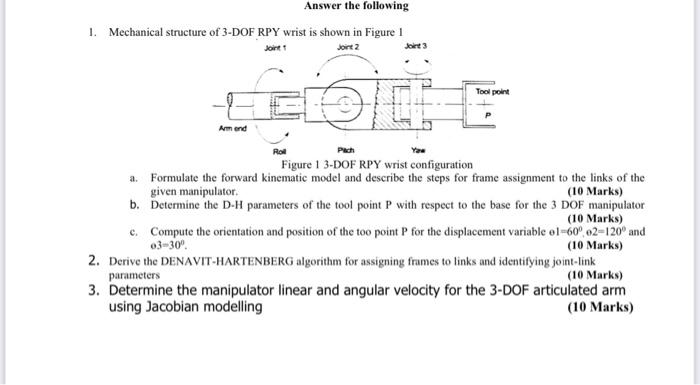 Solved 1. Mechanical structure of 3-DOF RPY wrist is shown | Chegg.com