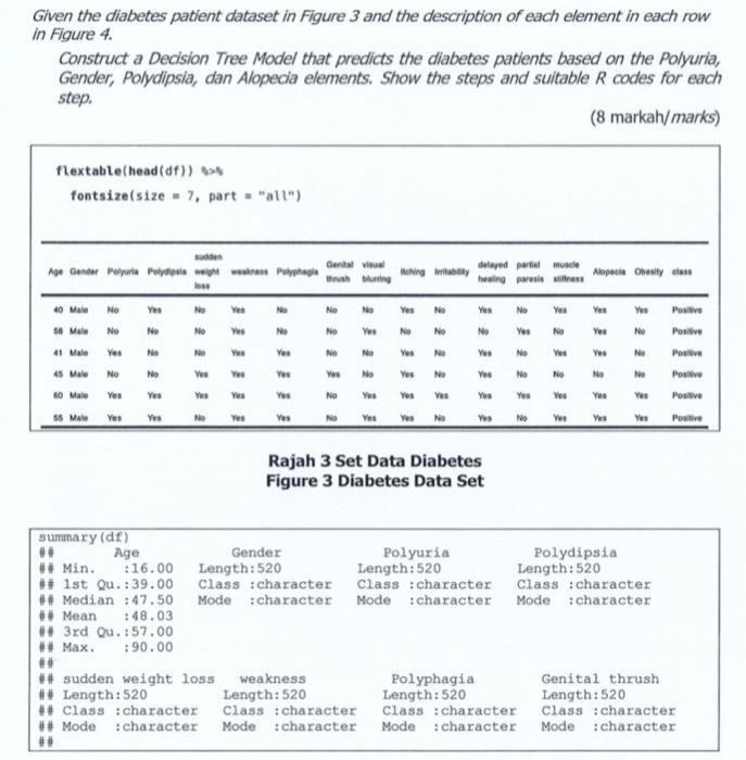 Given the diabetes patient dataset in Figure 3 and the description of each element in each row
in Figure 4.
Construct a Decis