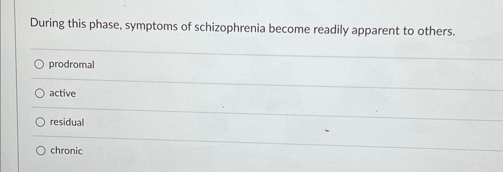 Solved During this phase, symptoms of schizophrenia become | Chegg.com