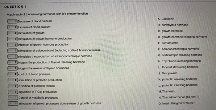 Solved QUESTION 1 Match each of the following hormones with | Chegg.com