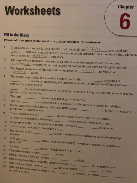 Solved Worksheets Chapter 6 2 Fill In The Blank Please Add Chegg