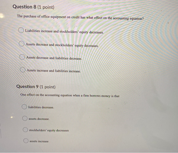 Solved Question 8 (1 point) The purchase of office equipment
