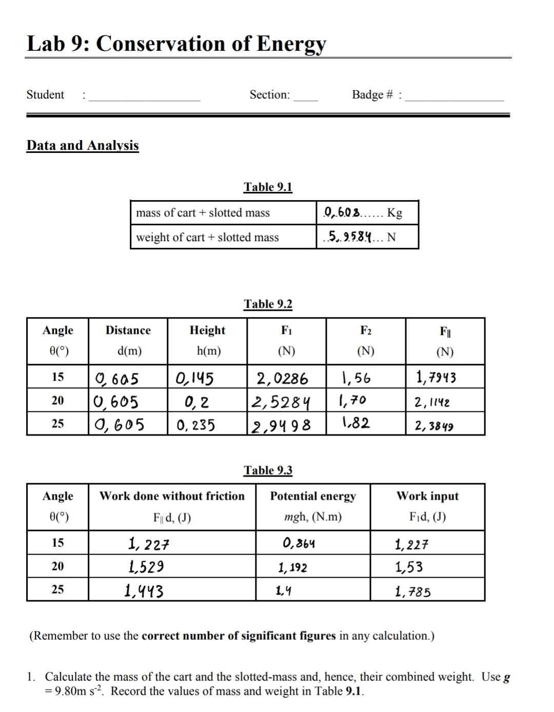 Solved Lab 9 Conservation of Energy Objectives To