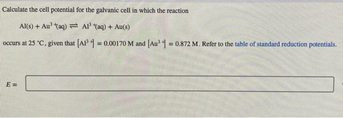 Solved Calculate The Cell Potential For The Galvanic Cell In | Chegg.com