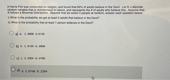 Solved A Harris Poll Was Conducted On Religion And Found