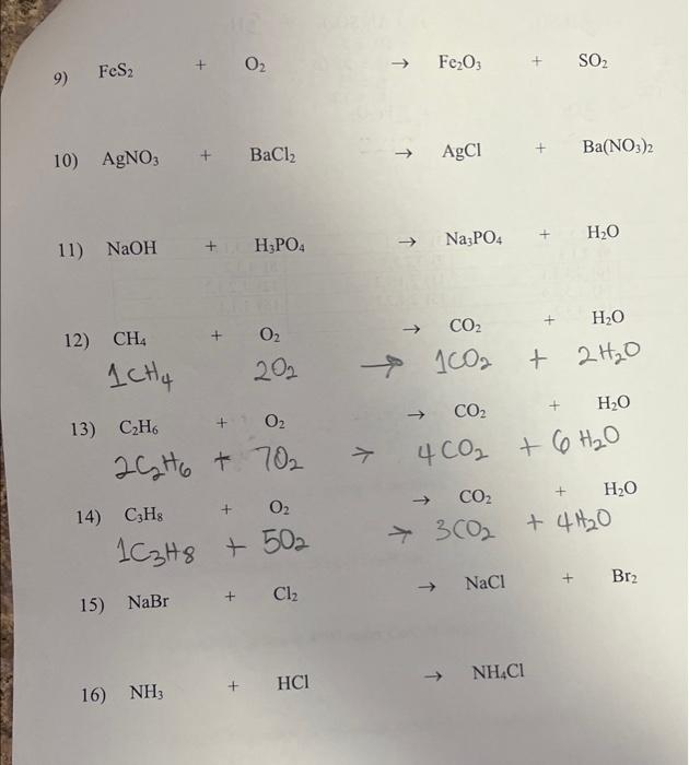 Solved FeS2+O2→Fe2O3+SO2 0) AgNO3+BaCl2→AgCl+Ba(NO3)2 11) | Chegg.com