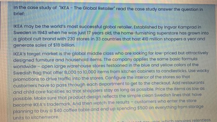 Solved In the case study of 'IKEA - The Global Retailer" | Chegg.com