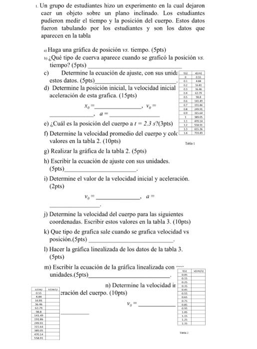 L. Un grupo de estudiantes hizo un experimento en la cual dejaron caer un objeto sobre un plano inclinado. Los estudiantes pu