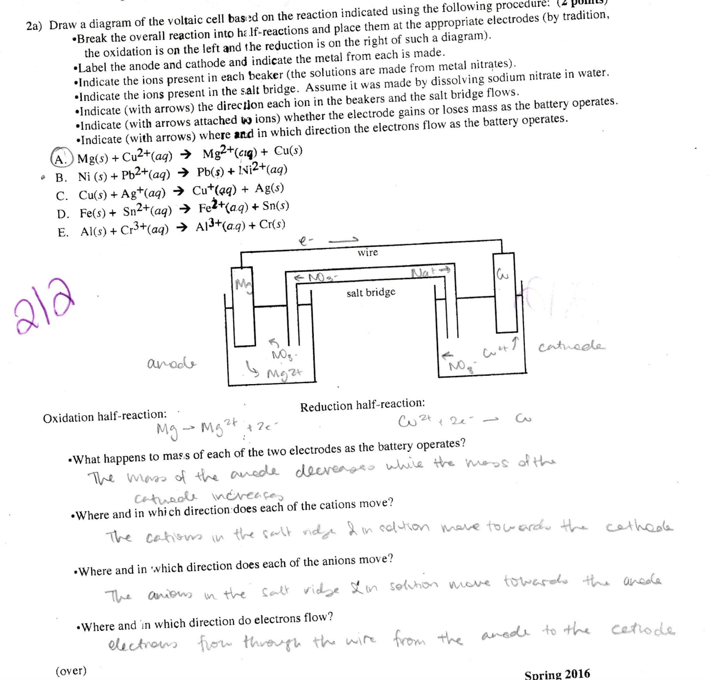 Solved 2a) ﻿Draw a diagram of the voltaic cell bas on the | Chegg.com