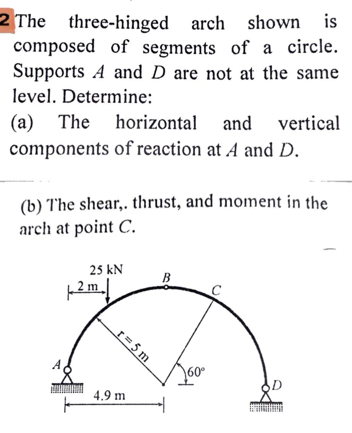 Solved 2 ﻿The three-hinged arch shown iscomposed of segments | Chegg.com