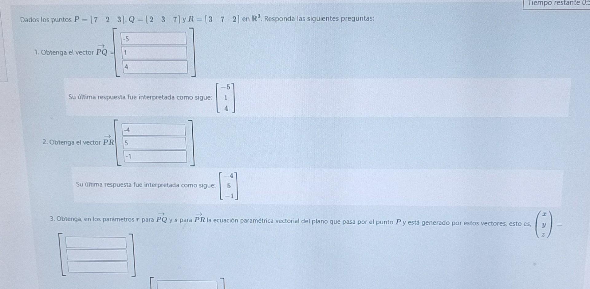 lados los puntos \( P=\left[\begin{array}{lll}7 & 2 & 3\end{array}\right], Q=\left[\begin{array}{lll}2 & 3 & 7\end{array}\rig