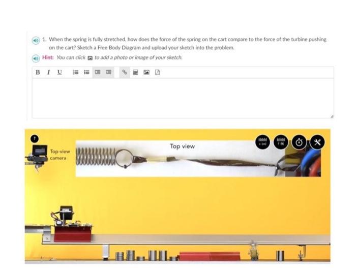 1. When the spring is fully stretched, how does the force of the spring on the cart compare to the force of the turbine pushi
