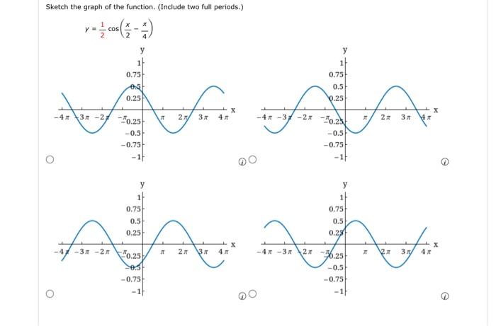 Sketch the graph of the function. (Include two full periods.) \[ y=\frac{1}{2} \cos \left(\frac{x}{2}-\frac{\pi}{4}\right) \]