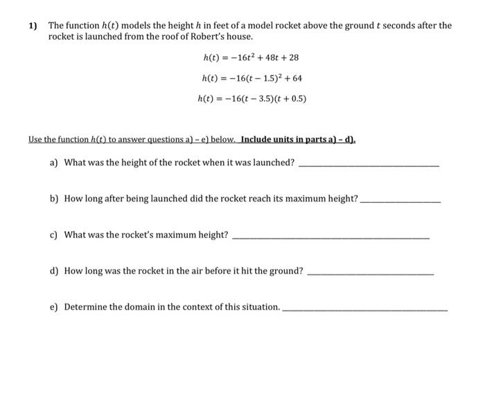 Solved 1) The Function H(t) Models The Height H In Feet Of A 