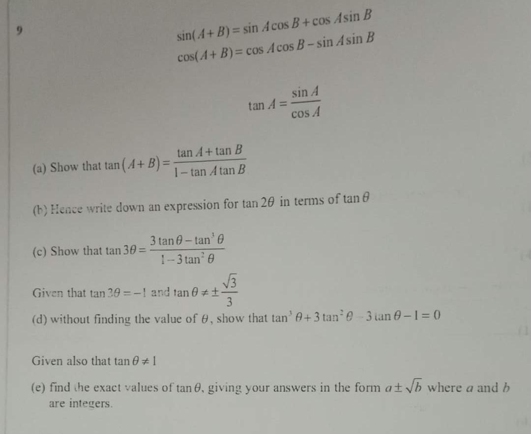 Solved Sin(A+B) = Sin Acos B+cos Asin B Cos( A+B) = Cos A | Chegg.com