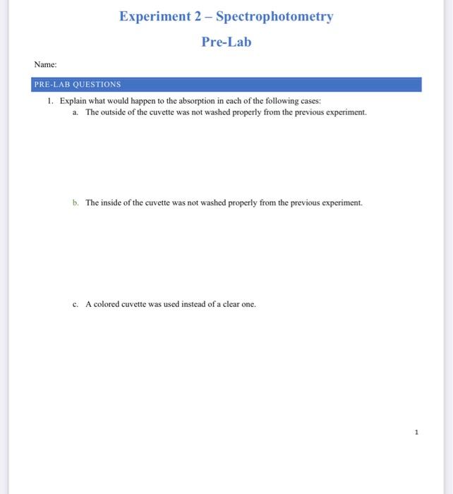 Solved Experiment 2 Spectrophotometry Data sheet and