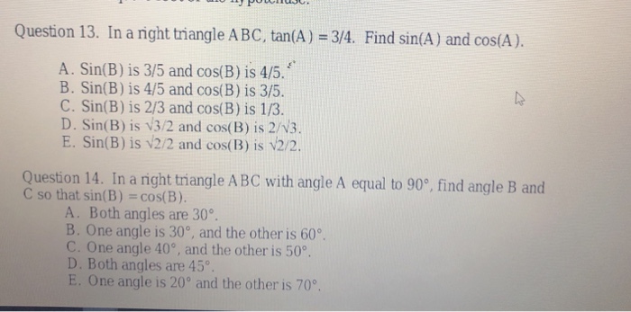 Solved Question 13 In A Right Triangle Abc Tan A 3 4 Chegg Com