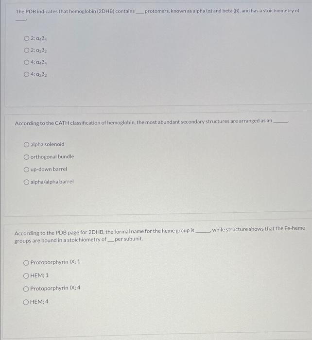 Solved The PDB indicates that hemoglobin (2DHB) contains | Chegg.com