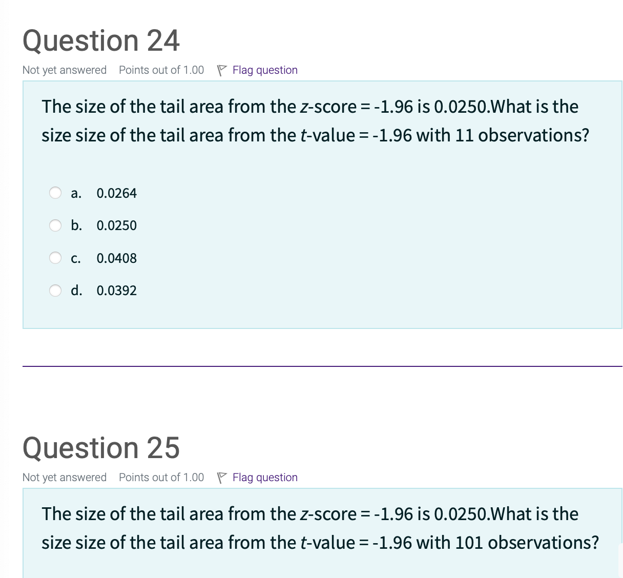 Solved The size of the tail area from the z-score=-1.96 ﻿is | Chegg.com
