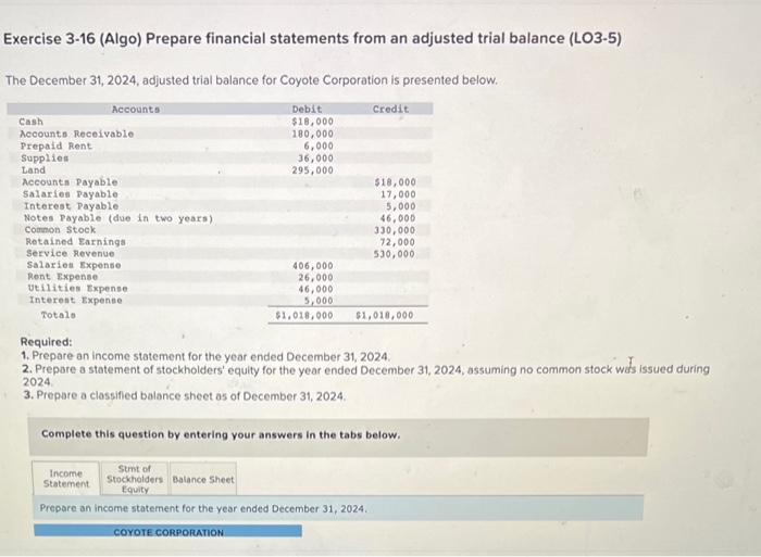 Solved Exercise 316 (Algo) Prepare financial statements