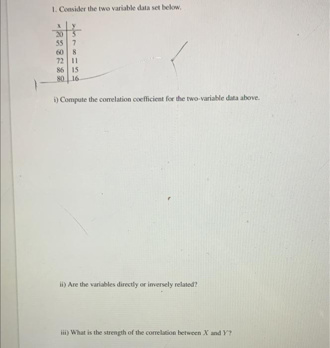 Solved 1. Consider the two variable data set below, X 205 | Chegg.com