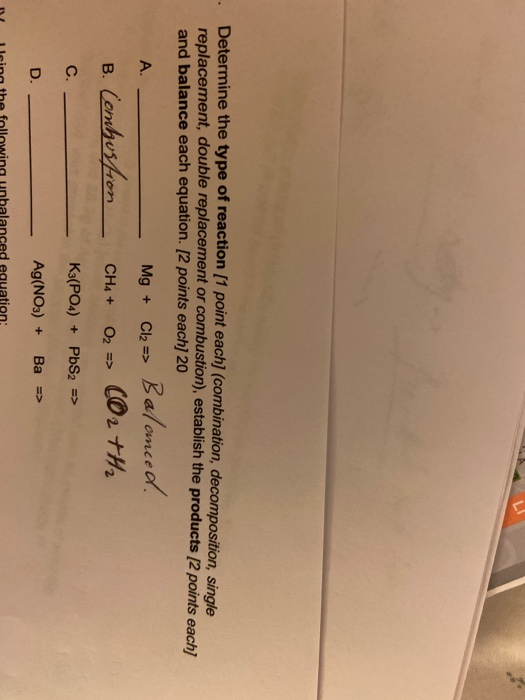 Solved Determine the type of reaction (1 point each] | Chegg.com