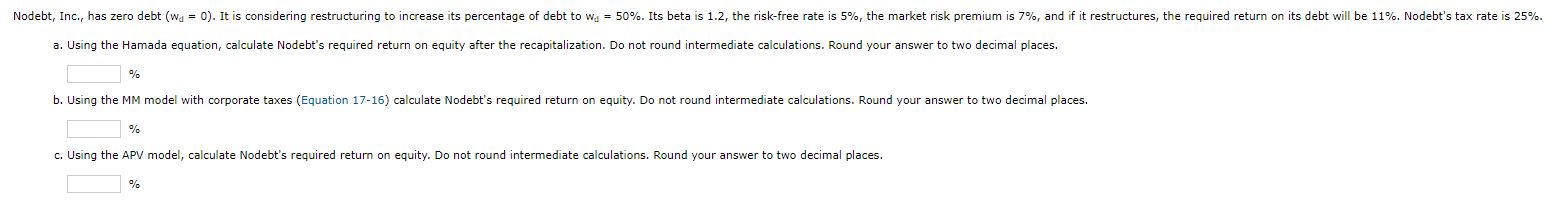 a. ﻿Using the Hamada equation, calculate Nodebt's | Chegg.com