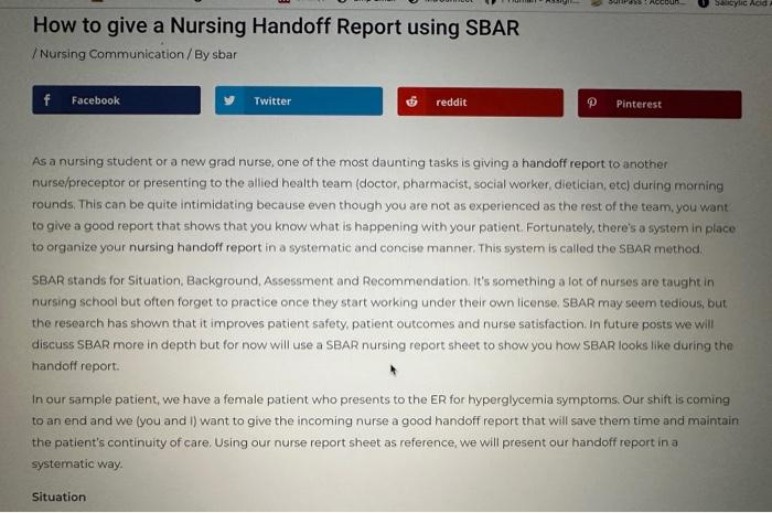 How to Create your SBAR Nurse Report | Chegg.com