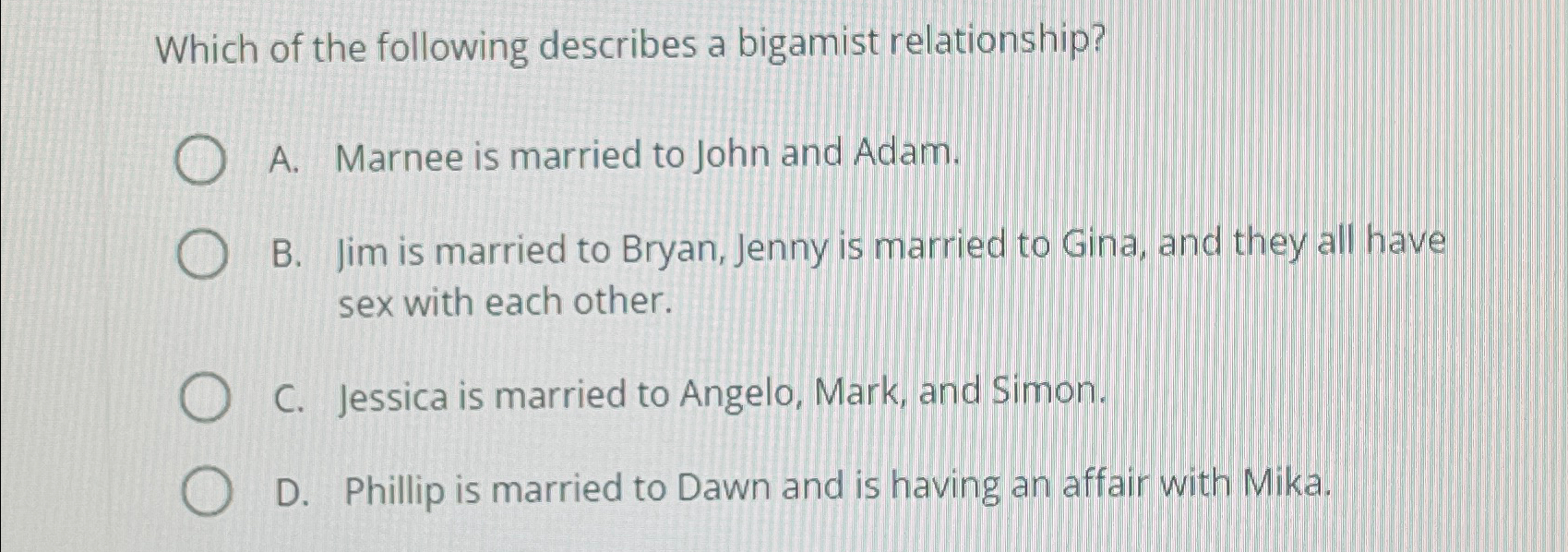 Solved Which of the following describes a bigamist | Chegg.com