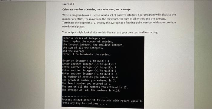 Solved Exercise 2 Calculate number of entries, max, min, | Chegg.com