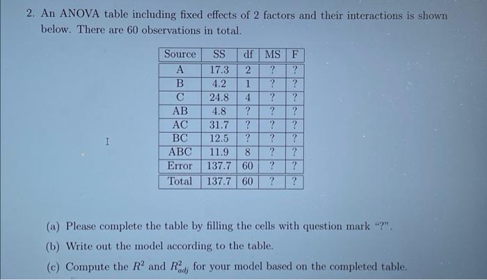 2. An ANOVA table including fixed effects of 2 | Chegg.com