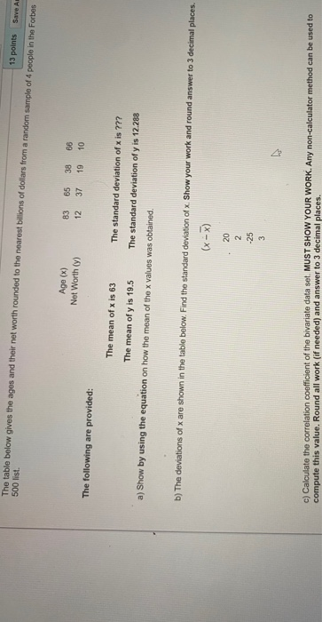 Solved 13 points Save AB The table below gives the ages and | Chegg.com