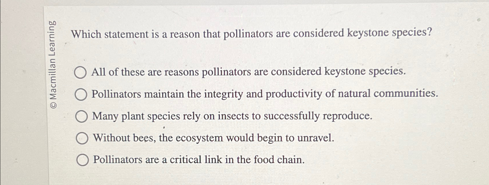 Solved Which statement is a reason that pollinators are | Chegg.com