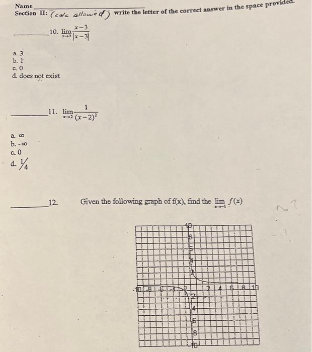 Solved Name Section II: ( ca/c allowe of ) write the letter | Chegg.com