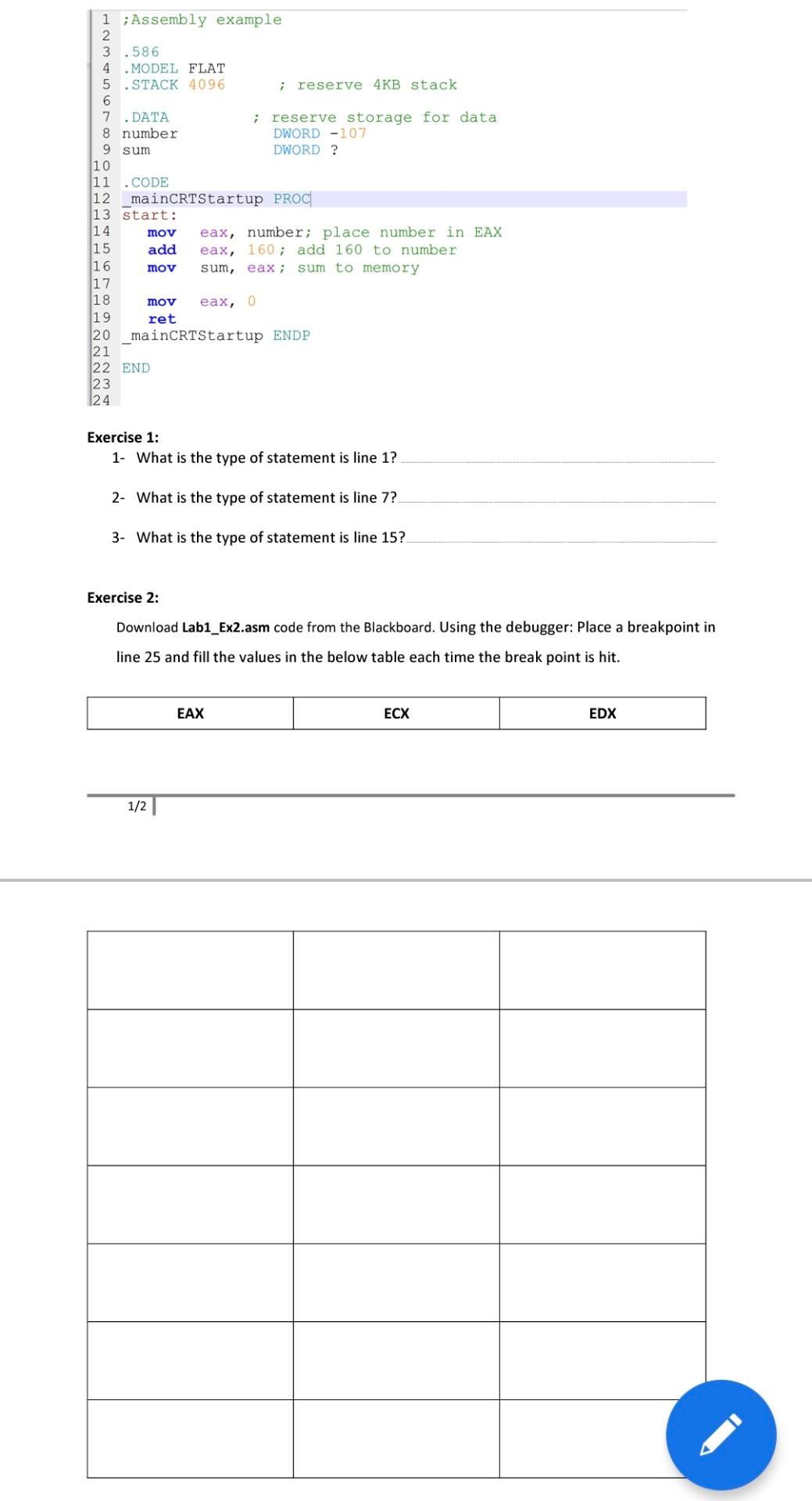 Solved 9 sum 1 ;Assembly example 2 3.586 4 MODEL FLAT | Chegg.com