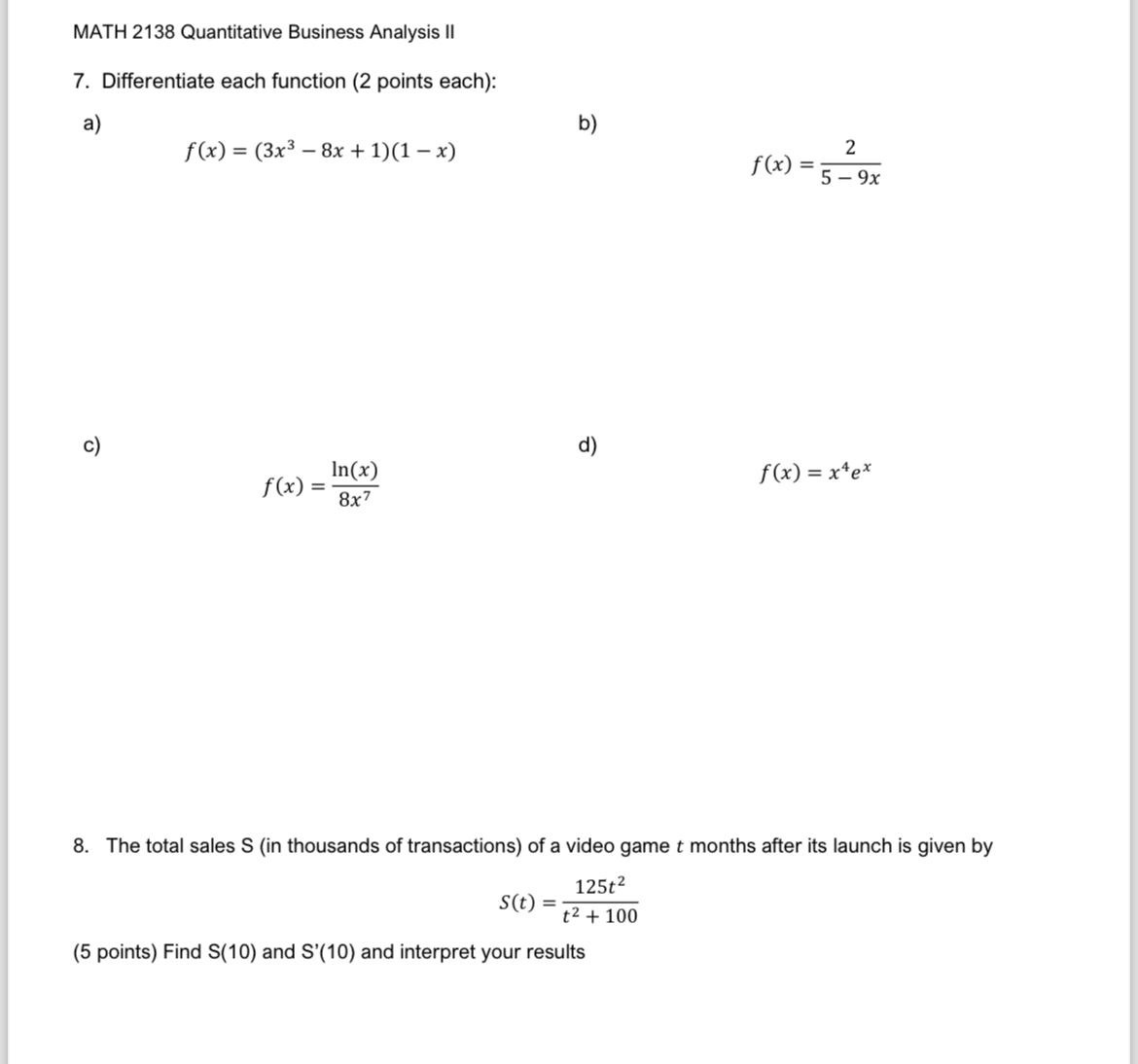 Solved MATH 2138 ﻿Quantitative Business Analysis II7. | Chegg.com