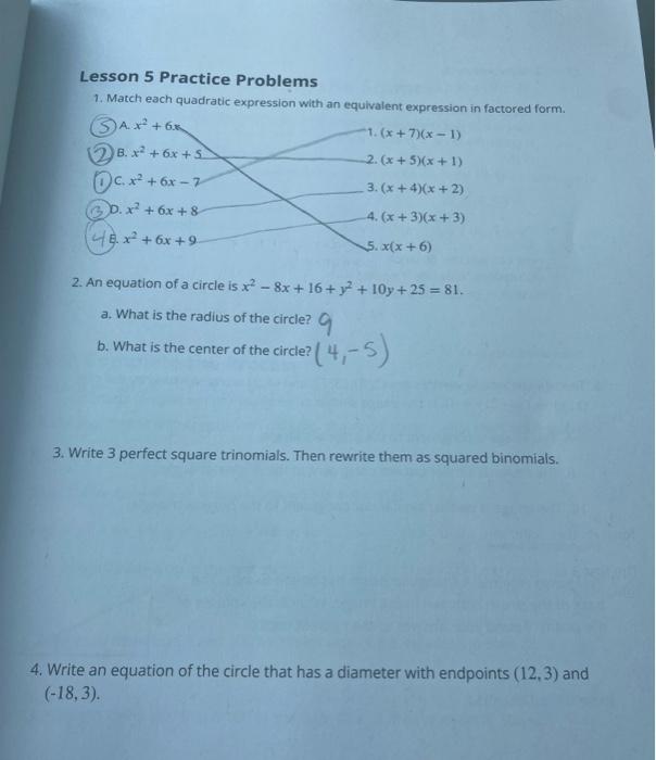 Lesson 5 Practice Problems 1. Match each quadratic | Chegg.com