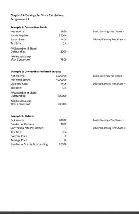 Chapter 16 Earnings Per Share Calculations Chegg Com