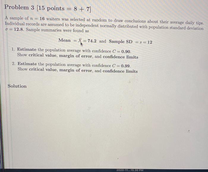 Solved Problem 3 (15 points = 8 + 7] A sample of n = 16 | Chegg.com