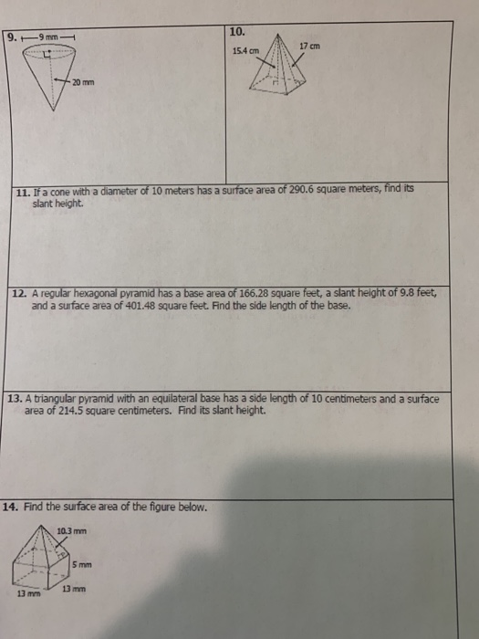 Solved 9. 9 mm 11. If a cone with a diameter of 10 meters | Chegg.com