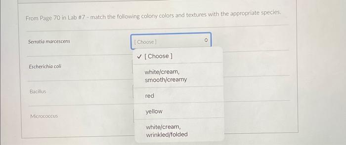 Solved From Page 70 in Lab \#7 - match the following colony | Chegg.com