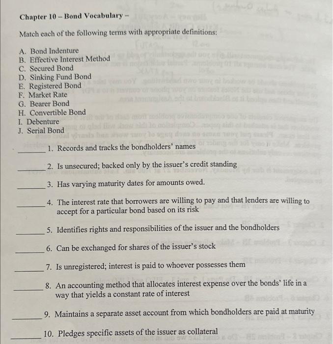 Solved Chapter 10- Bond Vocabulary - Match each of the | Chegg.com