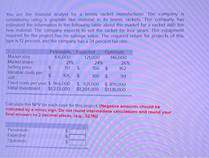 Solved You are the financial analyst for a tennis racket | Chegg.com