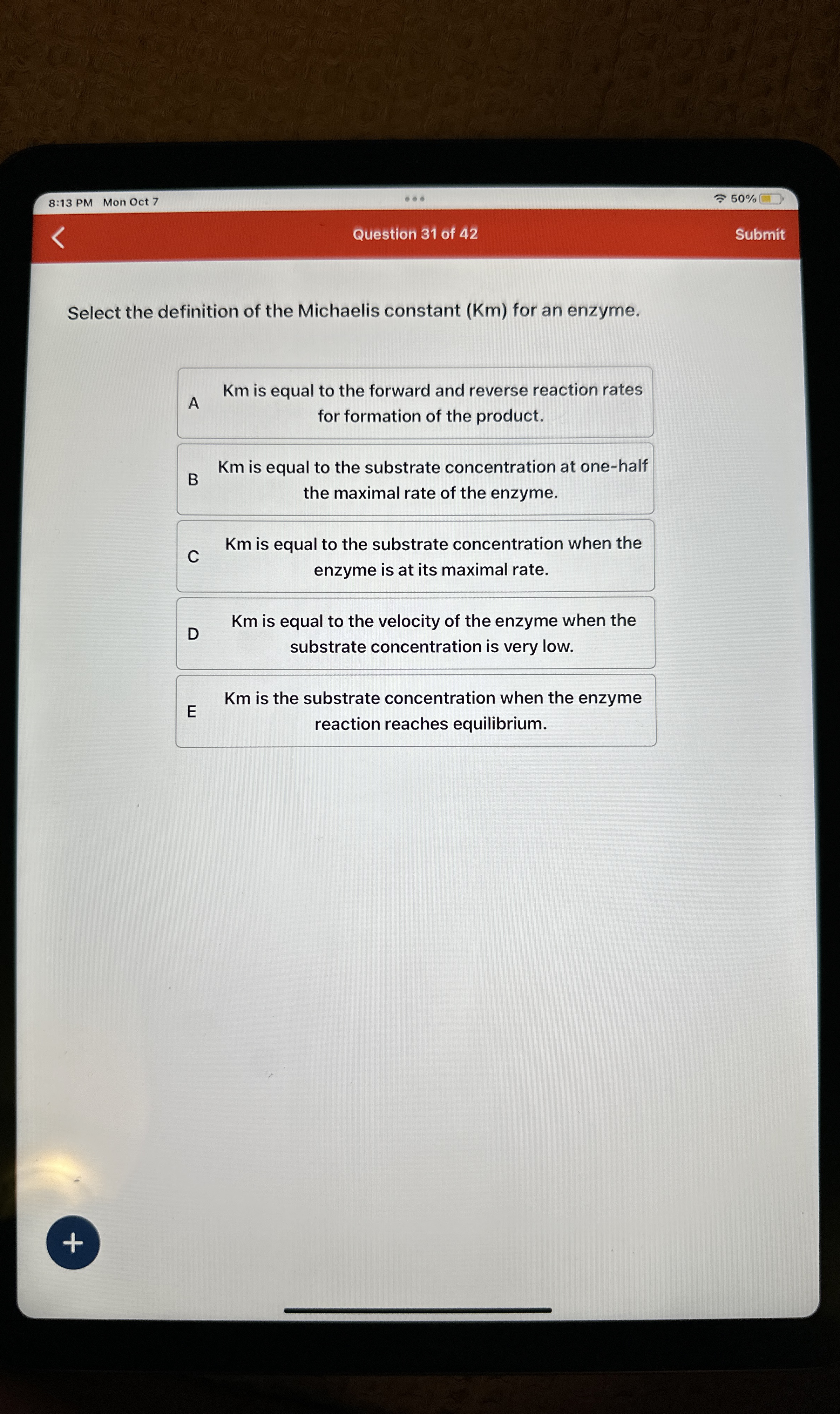 Solved Select the definition of the Michaelis constant (Km)