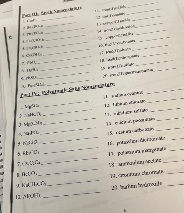 Solved I Stock Nomenclature 11. iron(II)sulfide 12.