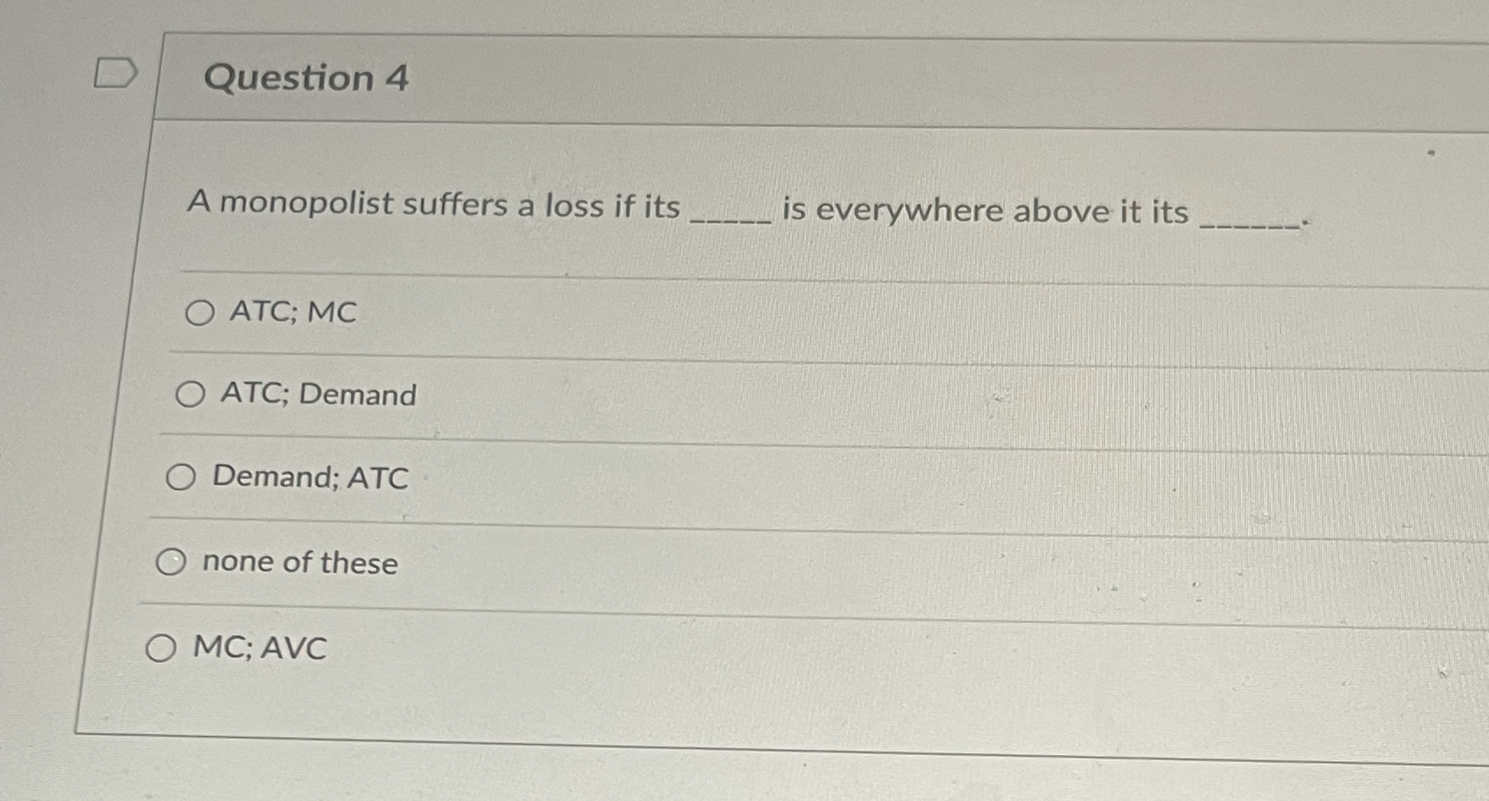 Solved Question 4A monopolist suffers a loss if its ﻿is | Chegg.com